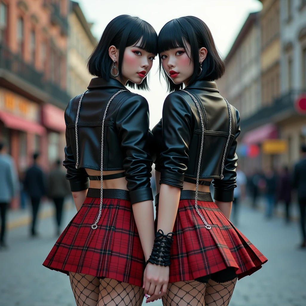 punk skirt, (Sisters wearing chain ornaments all over their bodies)、Back view、(Super detailed)、((Raw photo))、(Realistic)、(masterpiece)、(8k)、(Highest quality)、(High resolution:1.3)、(Ultra-Details)、(Angle from below)、(Perfect Anatomy:1.5)、((Two beautiful girls))、(Punk Sisters)、Full body photo、1、((lily))、Kiss on the cheek、(Kiss on the forehead)、Stick cheeks together、(Sticking out your tongue)、Holding hands、((Beautiful Eyes))、(Beautiful and well-proportioned face)、Looking back at the viewer、A confident smile、(Super hourglass body type:1.2)、(Super big breasts pointing upwards:1.37)、[[Super erect nipples and pink areola]]、Narrow waist、(Wide super big ass)、Black Hair、Punk Fashion、Black leather jacket、(Red checked pleated skirt)、punk black belt、(Punk Chain Ornaments)、Fishnet tights、[Black lace panties]、Black boots、Correct fingers、(Sexy and acrobatic duo poses and gestures)、[Spread your legs wide and stick your ass out]]、Street、(Choker on a chain、Bracelet with chain、Pleated skirt with decorative chain、Chain decoration underwear)、((Detailed depiction of the chains worn by the sisters))、Concept Art、Use a thin chain instead of a string、The background is also full of chains