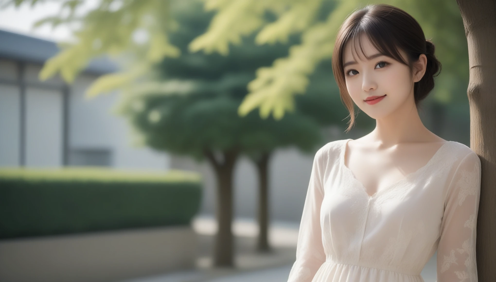 8k, Ultra-high resolution, Highest quality, masterpiece, 三分割法によるphotograph,Surreal, photograph, 1 , (:1.3), cute, cute顔, 細部までBeautiful Eyes, 細かくdetailedに,masterpiece,One Girl:1.2,Japanese women,Young Wife,cowboy shot,smile,Black Short hair,Messy bun hair,(Elegant Chiffon Dress:1.3),Elegant,Botanical pattern,Mid-calf length, 3/4 sleeves,Generous texture,Flared silhouette,Urban background,woman leaning on a tree,Soft sunlight,(Beautiful attention to detail),Subtle details, detailedな顔, smile,attractive,(ポートレートphotograph:1.4),(Photorealistic images:1.4),Fantasy art,(Beautiful Face:1.4),美しくattractive目、Beautiful Eyes、(Tight waist:1.4)、(Beautiful with perfect body proportions:1.4),Pink Lips,Looking at the audience,(((Ideal body type))),A-cup small breasts :2,、Portraiture:2、Perfect Anatomy、鮮明なdetailed、detailed,Fashion magazine cover,Thin lips,完璧でBeautiful Face ,完璧でcute顔, Skin with attention to detail, Perfect limbs、Narrow waist,Surreal,Light and shadow,dappled sunlight