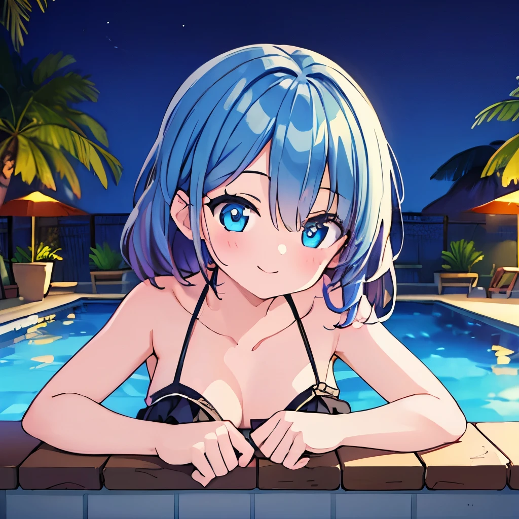 ((masterpiece)), ((best quality)), (ultra-detailed), pool, night, a cute girl, 1girl, solo, bikini, ((beautiful eyes)), smile