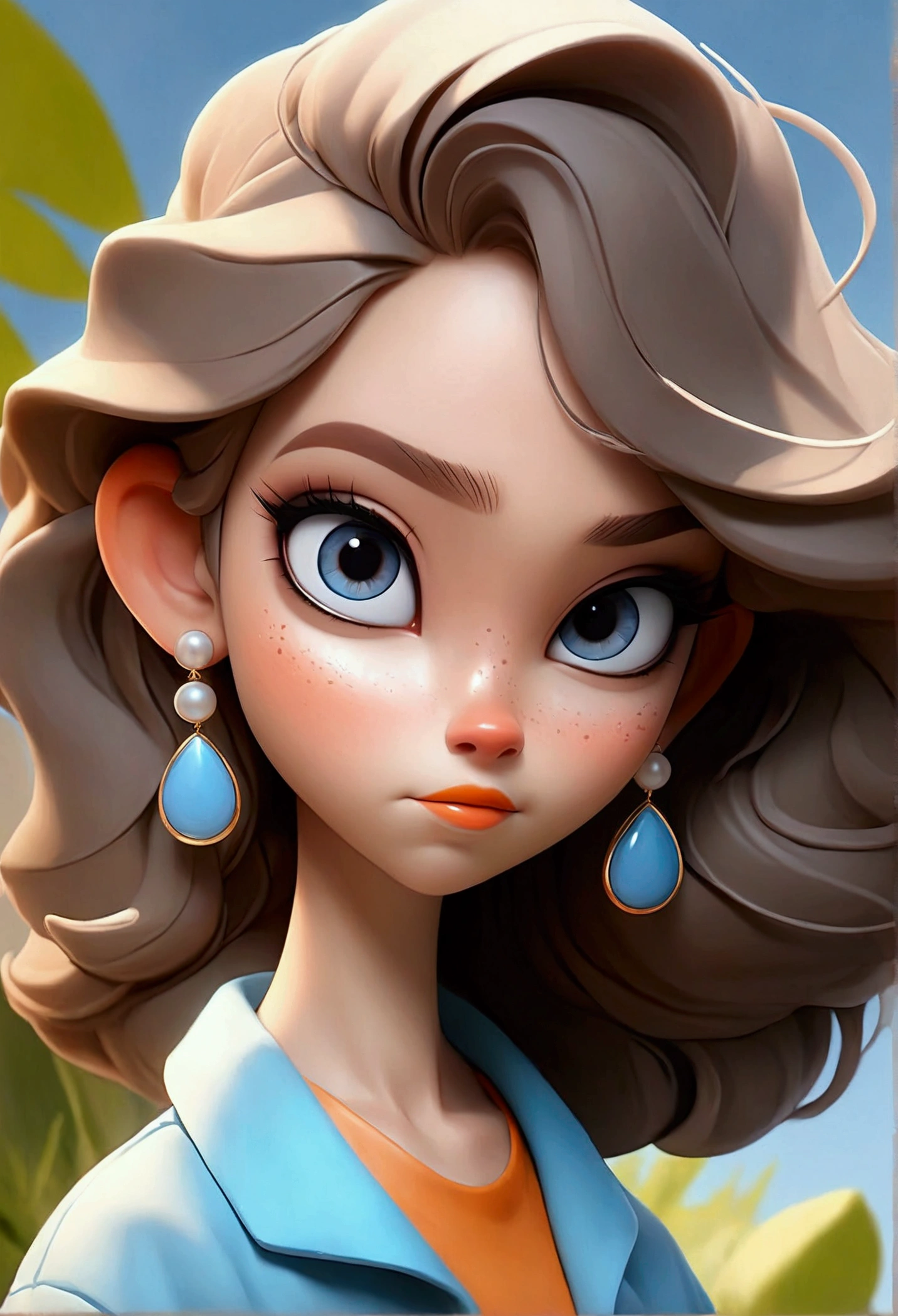Cartoon、A drawing of the same person at age 3、The same face、make:Deepen the island、Blue-based eyeshadow、"Among the blue eyeshadows、Try using a lighter sky blue color。"Natural pink blush、Shiny orange lip