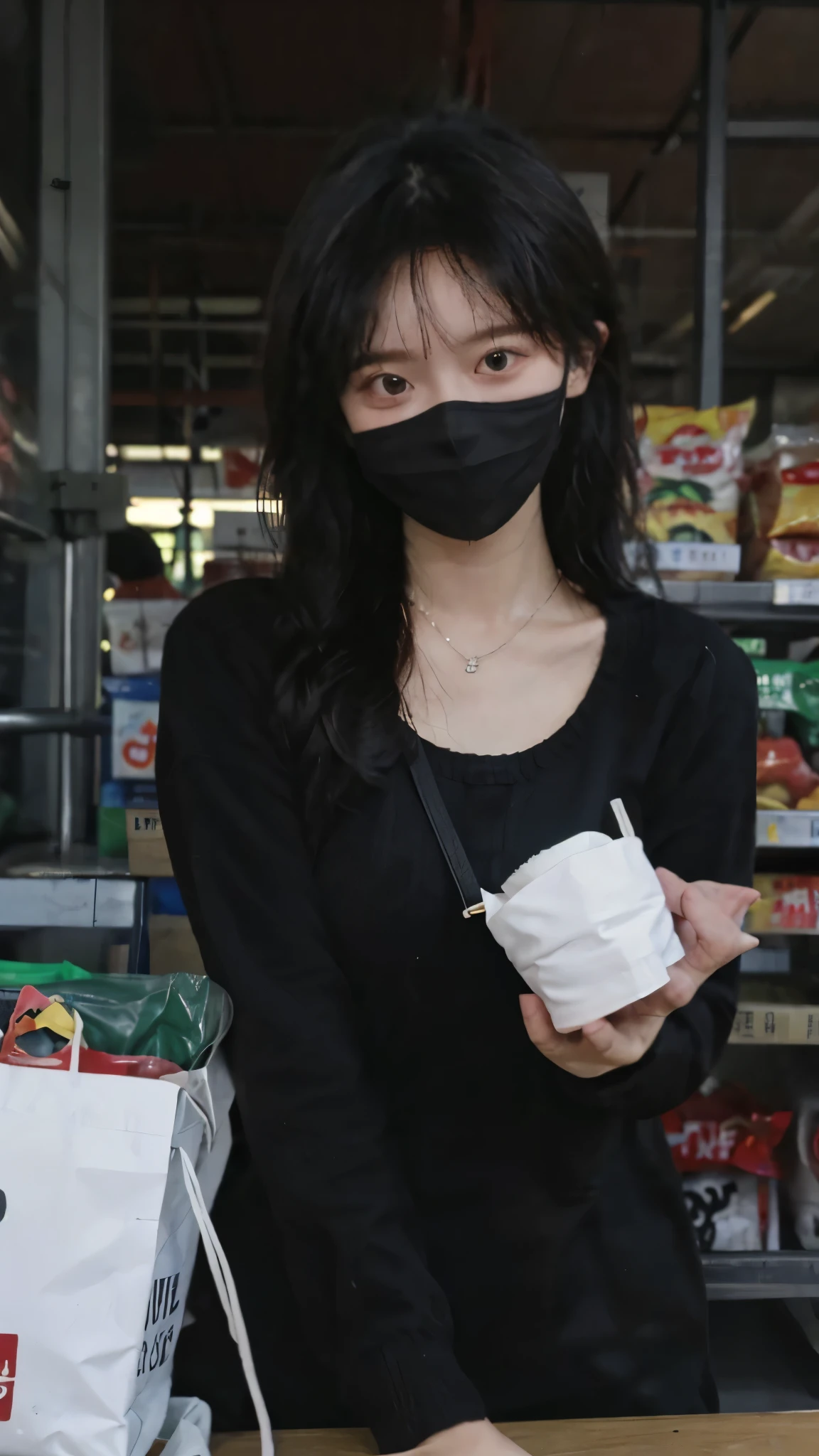 黑色wear mask,Best quality,黑色wear mask,Ultra-high resolution,(Reality:1.4),(黑色wear mask:1.4),Cute hairpins,girll,Cropped black sweater,wear mask,Look directly at the audience,Full of atmosphere,Beautiful woman with a slim figure:1.4,黑色wear mask,supermarket,whole body,Super delicate face,Exquisite eyes,Double eyelids,necklace,黑色wear mask,