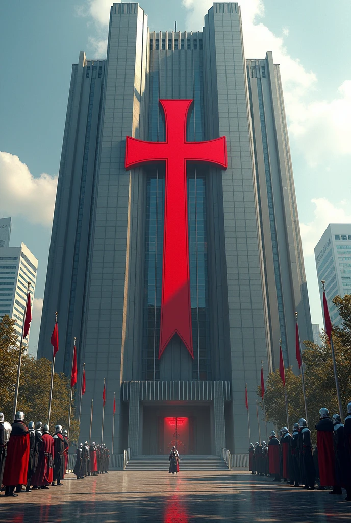 Third person view of a large modern bank building with a large red Templar cross on the facade with modern guards mixed with Templars providing security