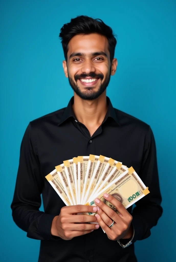 a young handsome man holding a bunch of perfect and clear Indian currency notes in his hand and smiling at the camera. He is wearing a black shirt and has a big smile on his face. The background is blue.