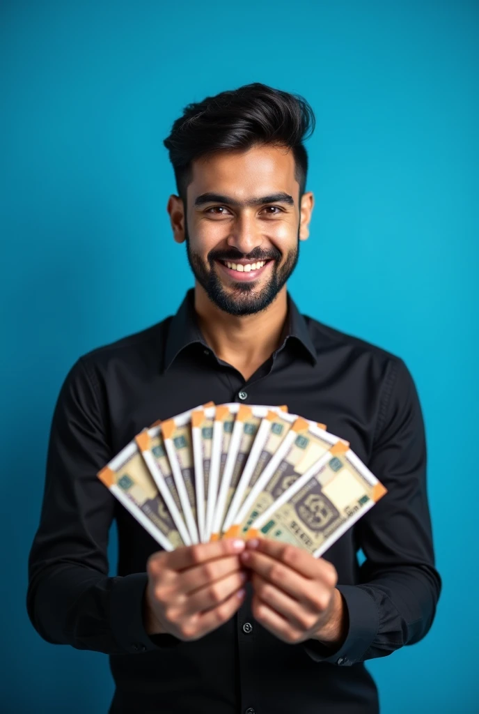 a young handsome man holding a bunch of perfect and clear Indian currency notes in his hand and smiling at the camera. He is wearing a black shirt and has a big smile on his face. The background is blue.