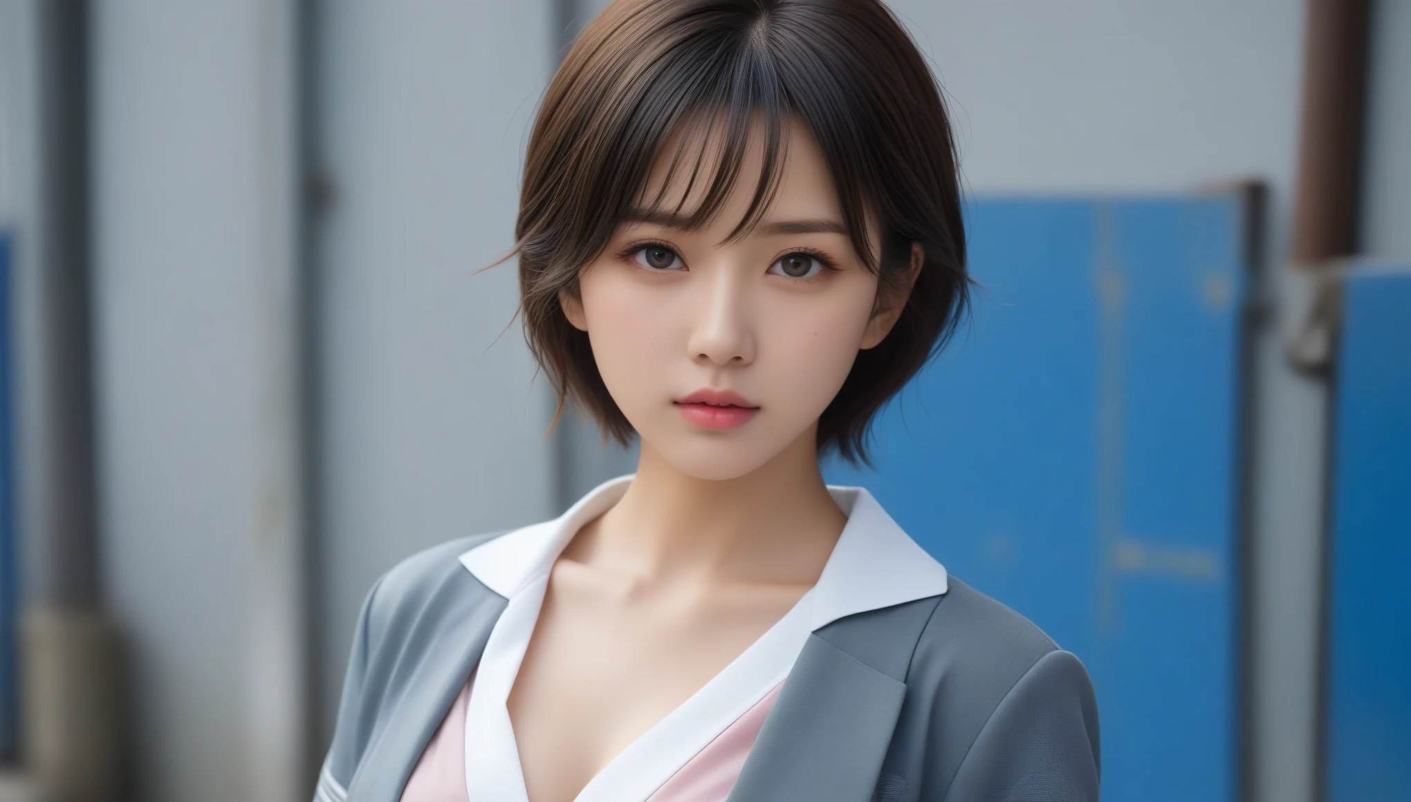 8k, Ultra-high resolution, Highest quality, masterpiece, 三分割法によるphotograph,Surreal, photograph, 1 , (:1.3), cute, cute顔, 細部までBeautiful Eyes, 細かくdetailedに,masterpiece,One Girl:1.2,Japanese women,student,cowboy shot,glaring,Black short hair,messy hair,(Dirty uniform:1.3),Leaning against the wire mesh,Glare,Blue Collar,Factory wall,(Beautiful attention to detail),Subtle details, detailedな顔,anger,Attractive eyes,(ポートレートphotograph:1.4),(Photorealistic images:1.4),Fantasy art,(Beautiful Face:1.4),美しくAttractive eyes、Beautiful Eyes、Grayscale 16Bits,(Tight waist:1.4)、(Beautiful with perfect body proportions:1.4),Pink Lips,Looking at the audience,(((Ideal body type))),A-cup small breasts :2,、Portraiture:2、Perfect Anatomy、鮮明なdetailed、detailed,Fashion magazine cover,Thin lips,完璧でBeautiful Face ,完璧でcute顔, Skin with attention to detail, Perfect limbs、Narrow waist,Surreal,Light and shadow,backlighting