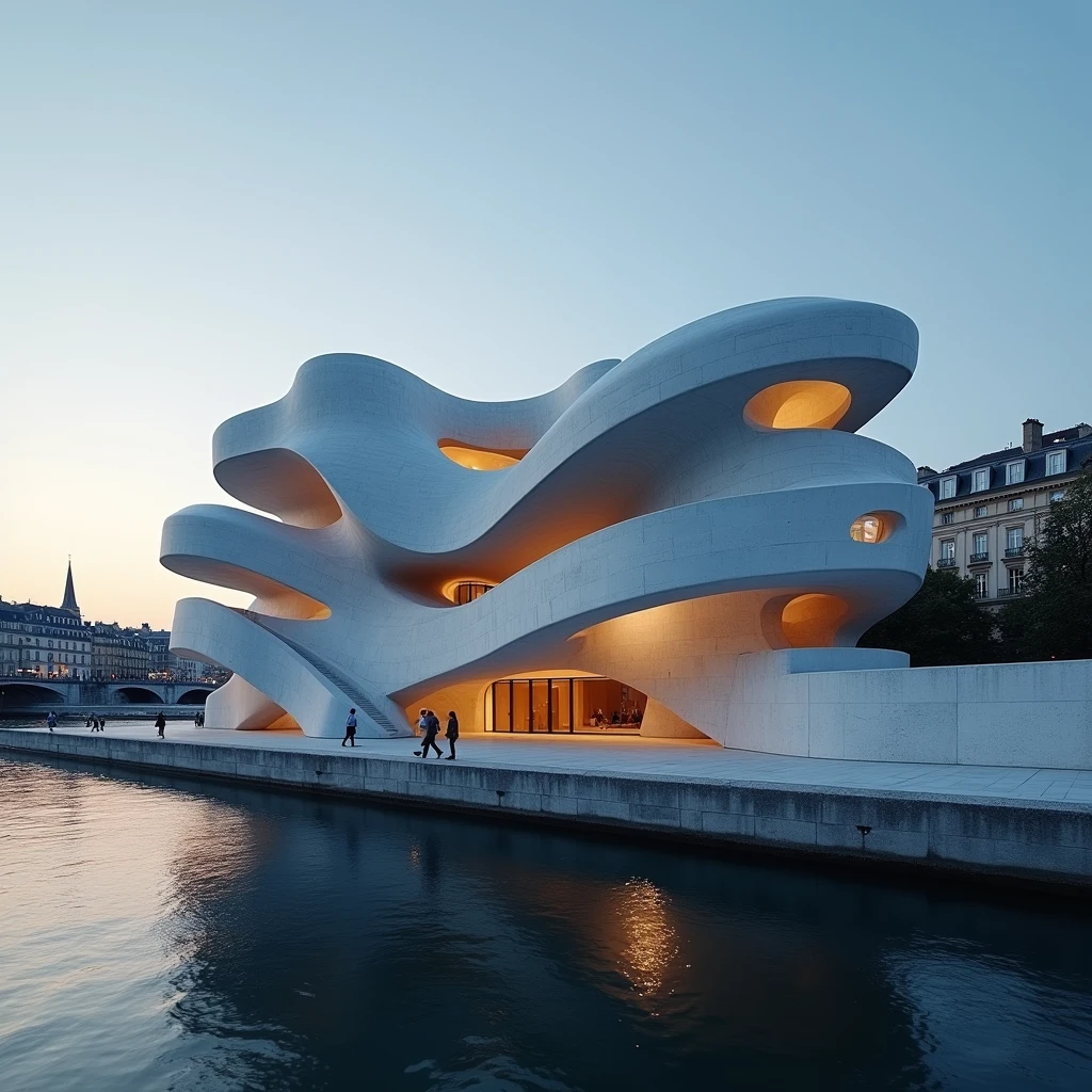 Artistic photographic image of a Museum designed by Tadao Ando, inspired by the form of a blue sea dragon, located in the heart of Paris BY THE RIVER. The design is modern yet minimalist, featuring smooth concrete surfaces and fluid, curved lines. The scene is set at sunset, with dramatic, cinematic lighting that enhances the complex play of shadows and illumination on the building’s surfaces. The backdrop is a Parisian cityscape, with the building standing out as a striking, sculptural centerpiece against the evening sky."