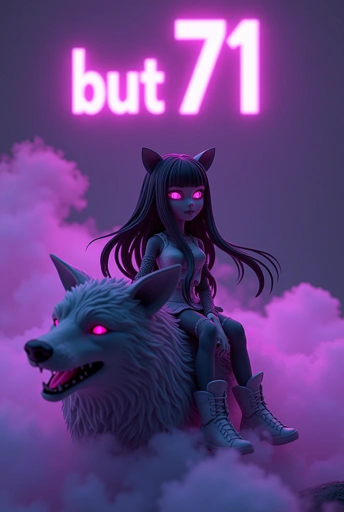 a 3D style girl with long black hair sitting on top of a wolf with purple smoke. In the background it says in violet "BUT 71" that inside the letters there are some violet colored lights. below the word in the right corner that says "charging" and in the left corner "TJE WOLF" at the bottom of the large image that says "CELESTE BET" and below that "VERIFIED CASHIER" Black background