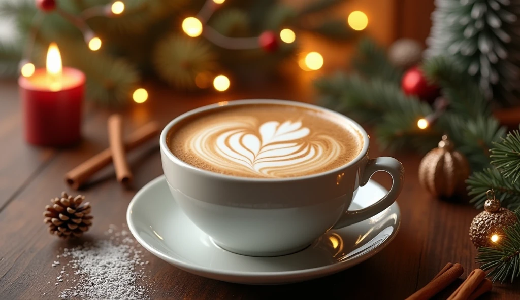 cup of latte. background is Christmas decoration ideas for home 