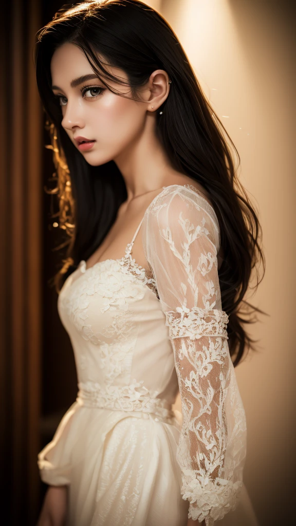 Female Adventurer, whole body, Game Art Style, (masterpiece),  Highest quality, High resolution, 4K, 8k, Detail View, Intricate details, Cinema Lighting, Great quality, 1 person、Elegant red and white lace style dress、A red and white line dress made of intricate and artistic lace、Pretty dress、Super Luxury Dresses、Beautiful black hair, Great Shade, Soft lighting, To the camera, Perfect Eyes