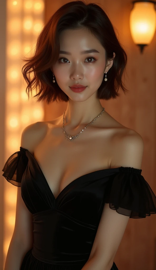 Highest quality, Very detailed, masterpiece, 1 person,Japanese women,(((Perfect female body))),Very beautiful face, Very beautiful body,Gentle expression, Very beautiful eyes,(Perfect Makeup:1.1),Big Breasts,40s、short hair、Brown Hair:1.3, Big Breasts、Soft-looking body、Black dress、necklace,anklet,A kind smile,Full body portrait,(Indoor Background:1.3), (Glowing Skin),(Earrings),Short sleeve