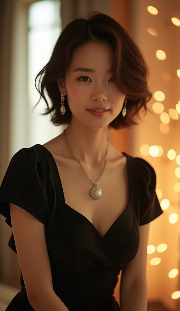 Highest quality, Very detailed, masterpiece, 1 person,Japanese women,(((Perfect female body))),Very beautiful face, Very beautiful body,Gentle expression, Very beautiful eyes,(Perfect Makeup:1.1),Big Breasts,40s、short hair、Brown Hair:1.3, Big Breasts、Soft-looking body、Black dress、necklace,anklet,A kind smile,Full body portrait,(Indoor Background:1.3), (Glowing Skin),(Earrings),Short sleeve