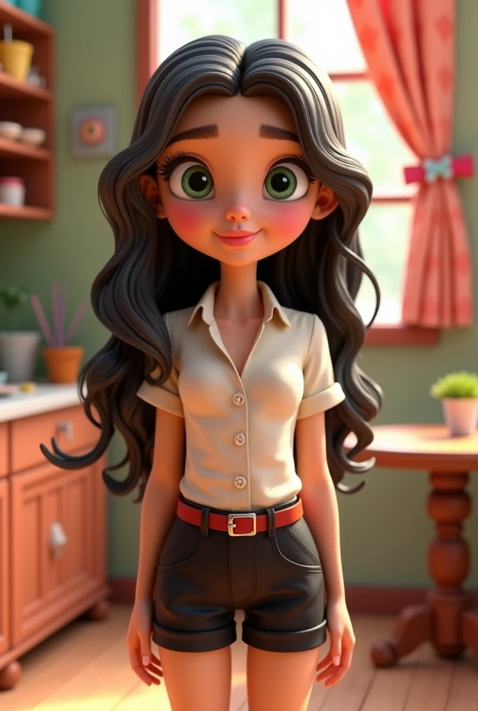 3D Pixar style, Caucasian female, blonde, big green eyes, with lots of eyelashes.
Well-shaped pink mouth In black shorts, white blouse, red belt Long wavy hair with dark blonde curls with light highlights, no fringe in a handmade environment full of childish bows