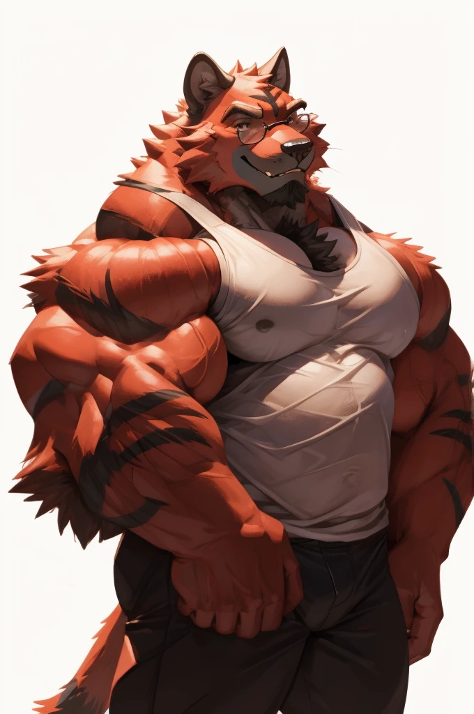 1boy, 1man, solo, a (furry incineroat) standing, (face, detailed face, glasses), white background , front view, massive muscular , sixpack, (white tanktop and black pants), well-muscled old man. ((thick arms, huge pec, huge arms)), wide smiling. Add textures and details to make the image more realistic, such as the appearance of the. Make sure the resulting image is high resolution, 8K quality