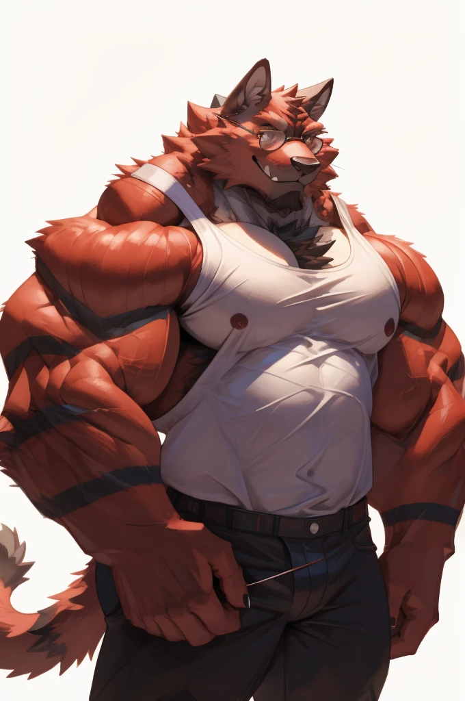 1boy, 1man, solo, a (furry incineroat) standing, (face, detailed face, glasses), white background , front view, massive muscular , sixpack, (white tanktop and black pants), well-muscled old man. ((thick arms, huge pec, huge arms)), wide smiling. Add textures and details to make the image more realistic, such as the appearance of the. Make sure the resulting image is high resolution, 8K quality