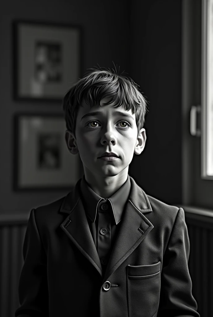 A  boy in 1920s era from a wealthy background, crying, sad, wide angle shot, looing up angle, black and white
