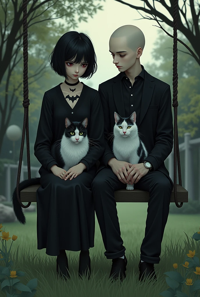 A young girl with a black and white cat on her lap dressed in black, short black hair with a bat tattoo on her neck sitting on a swing in a backyard next to a handsome young bald man with another black and white cat on his lap