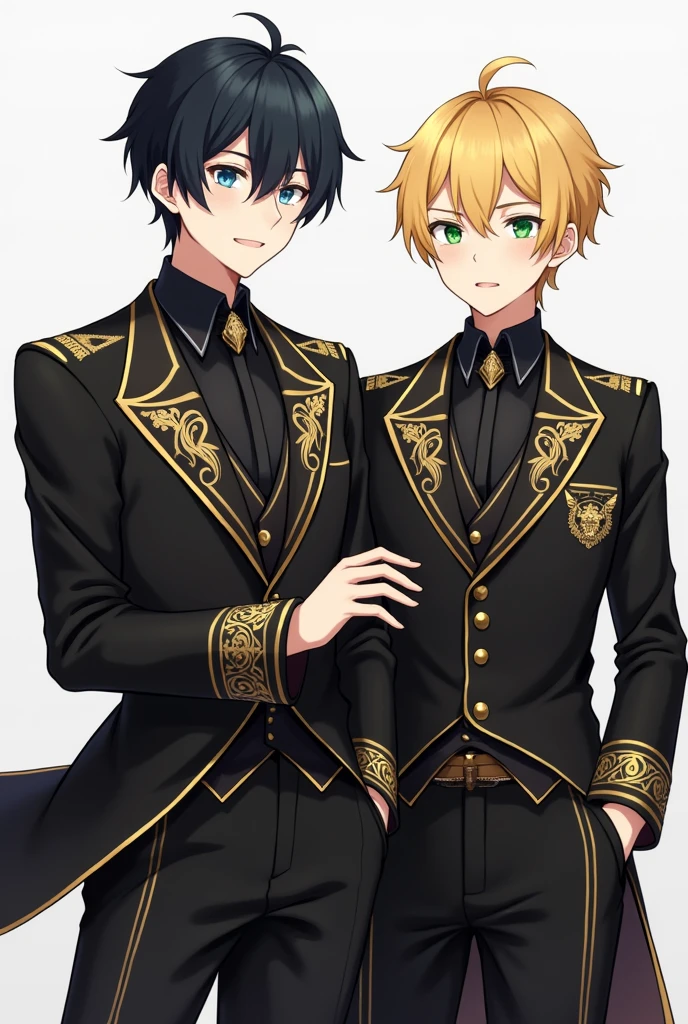 ANIME BOY NOBLE BOY WITH BLUE EYES, BLACK HAIR, DREESING A ANIME BOY NOBLE BOY WITH GREEN EYES, BLONDE HAIR, DREESING.Shirt:
Style: Long-sleeved shirt with traditional or mandarin collar.
Fabric: High-quality satin or silk.
Main color: Black.
Details: Gold embroidery on collar and cuffs. Front placket may have discreet gold buttons. Shirt may have a small gold embroidered Solaria emblem on chest.
Accessories and accessories:
Blazer or Jacket:
Style: Fitted blazer with a classic cut.
Main color: Black.
Details: Gold embroidery on lapels, seams and buttons. Gold Solaria emblem on breast pocket.
Lining: Gold for a stylish contrast.
Pants:
Style: Slim-fit dress pants.
Main color: Black.
Details: Gold side stripe or stripe, which may be a subtle line along the side of the legs.
Tights or Socks:
Style: Ankle socks.
Color: Black, no additional details.
Shoes:
Style: Leather Oxford or Derby style shoes.
Main Color: Black.
Accents: Gold accents, such as a discreet buckle or small emblem.
Tie or Ribbon:
Style: Black tie with small gold accents or stripes, or a similar style ribbon.
Main Color: Black.
Accents: Gold.
Cape or Cloak (for formal occasions):
Style: Long cape with a noble feel, made of velvet or similar fabric.
Main Color: Black.
Accents: Gold embroidery on the edges and the Solaria emblem in gold.
Jewelry and Accessories:
Style: Cufflinks and tie clips in gold or with black and gold accents.
Additional:
Sash or Belt:
Main Color: Gold.
Accents: Belt with gold buckle and black accents.
Stitching Details:
Style: Visible gold stitching in areas such as the shoulders of the blazer or the sides of the pants.. full body
