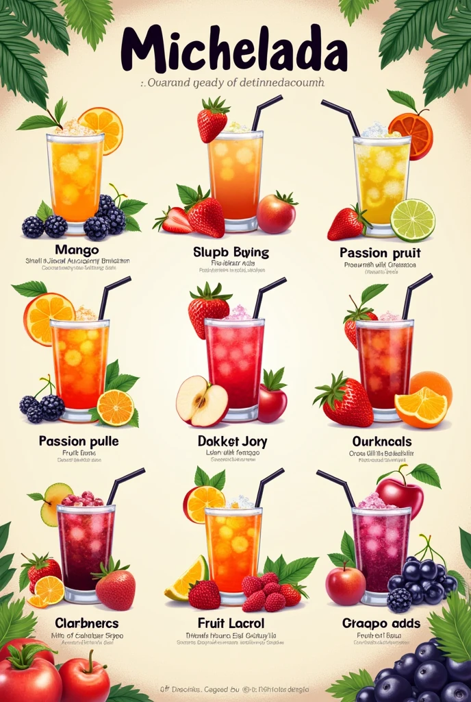 crea un menú con las siguientes bebidas                                                       

 Michelada 
mango: frozen natural mango pulp, soda and stevia 

Strawberry Michelada: frozen strawberry pulp, soda and stevia

Passion fruit Michelada: frozen passion fruit pulp, soda and stevia

Apple Michelada: frozen apple pulp, soda and stevia 

Blackberry Michelada: frozen apple pulp, soda and stevia 


Grape Michelada: frozen grape pulp, soda and stevia