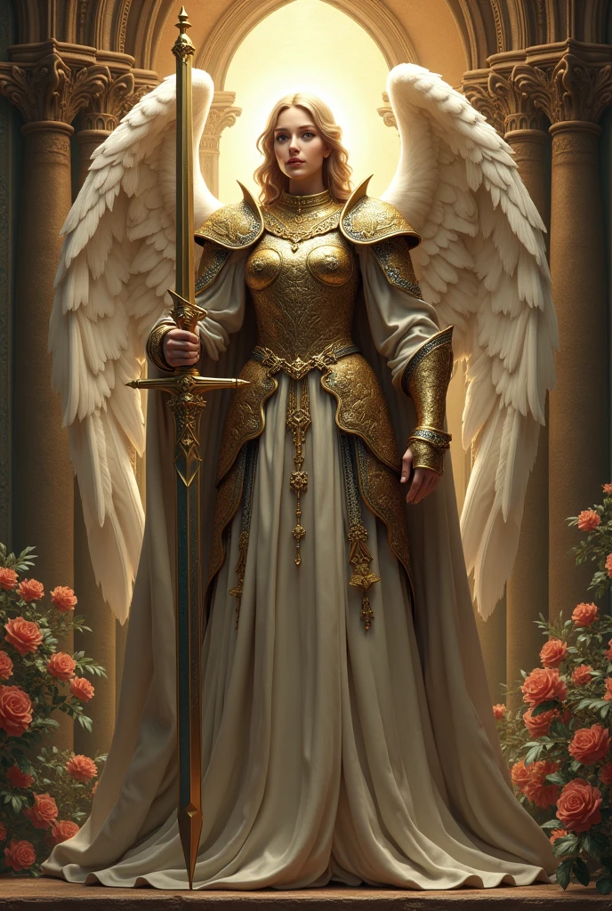 Beautiful, gorgeous and hyperrealistic (Angel Guardian dressed as a medieval warrior, full body. In traditional catholic art style) by Jean- Baptiste Monge, Unreal Engine, Greg Rutkowski, Loish, Rhads, Beeple, Makoto Shinkai, and Lois van Baarle, Ilya Kuvshinov, Rossdraws, Tom Bagshaw, Alphonse Mucha, global illumination, detailed and intricate environment