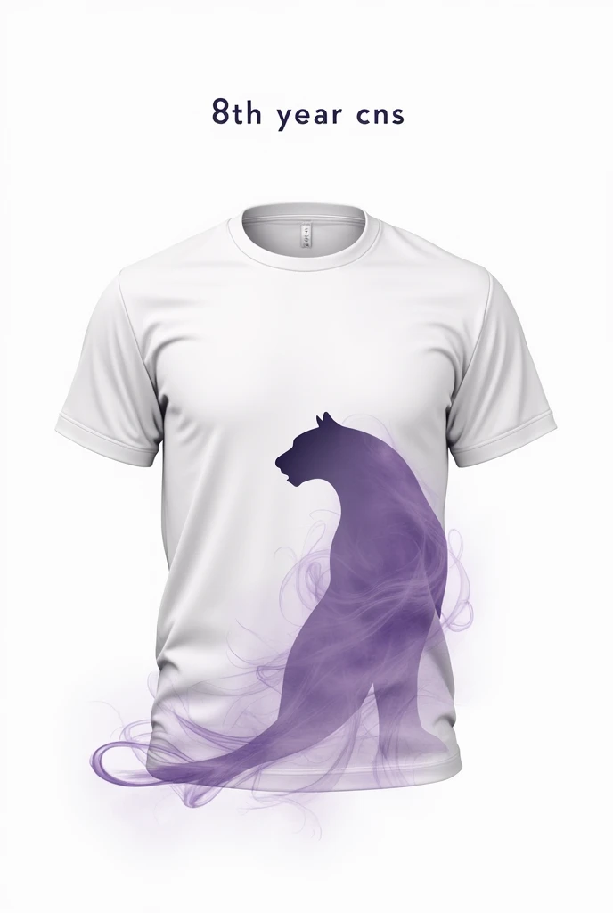 Shirt Design:**

**Shirt Front:**
- Cor: White - Details: Fumaça in purple envolvendo a parte inferior e os lados.
- Image: A stylized panther, positioned on the side, with a design that conveys strength and elegance.
- Text: Above the panther, in small, discreet font, include "8th year CNS" in purple.

