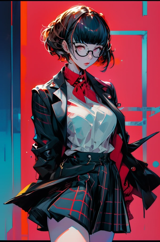 in the art style of persona5, (masterpiece:1.2, highest quality), (Realistic, photoRealistic:1.4), Beautiful illustrations, (Natural Side Lighting, Cinema Lighting), Written boundary depth, Beautiful thighs staring at the viewer, 1 female, 30-year-old, alone, thin, slender, (gigantic breasts), nape undercut, Bedhead, Blunt bangs, thin, slender, glasses, White blouse with formal collar, Blue Blazer, Red Check Skirt, Red checkered ribbon on blouse, Are standing, (((glasses))), portrait