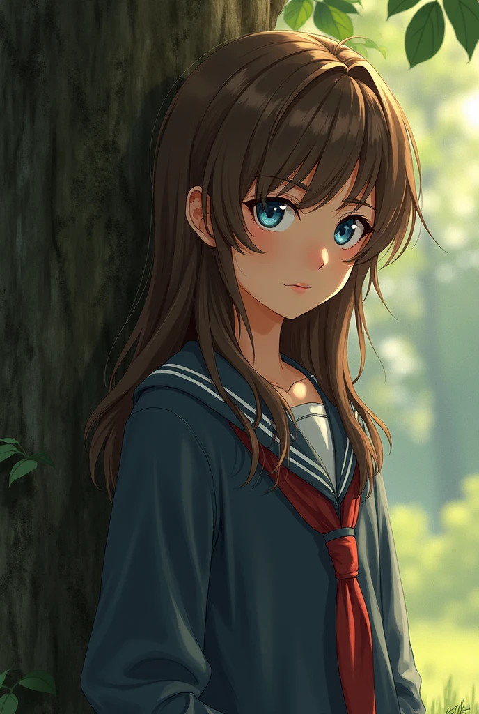 A young age boy of , long brown hair, blue colored eyes, ( Serious Facial Expression ) posture leaning against a tree, wearing a school uniform.