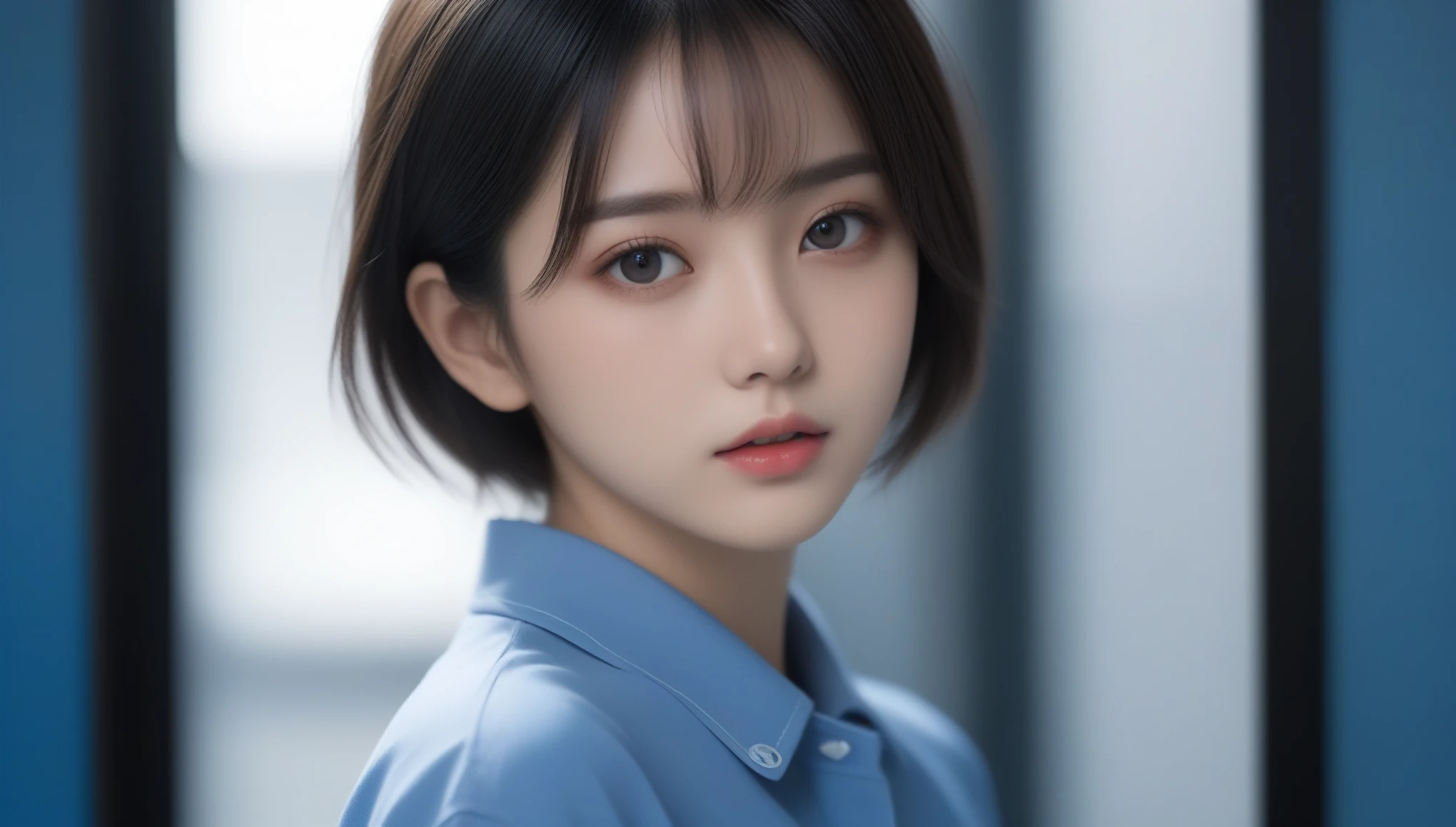 8k, Ultra-high resolution, Highest quality, masterpiece, 三分割法によるphotograph,Surreal, photograph, 1 , (:1.3), cute, cute顔, 細部までBeautiful Eyes, 細かくdetailedに,masterpiece,One Girl:1.2,Japanese women,student,cowboy shot,glaring,Black short hair,messy hair,(Dirty uniform:1.3),Leaning against the wire mesh,Glare,Blue Collar,Factory wall,(Beautiful attention to detail),Subtle details, detailedな顔,anger,Attractive eyes,(ポートレートphotograph:1.4),(Photorealistic images:1.4),Fantasy art,(Beautiful Face:1.4),美しくAttractive eyes、Beautiful Eyes、Grayscale 16Bits,(Tight waist:1.4)、(Beautiful with perfect body proportions:1.4),Pink Lips,Looking at the audience,(((Ideal body type))),A-cup small breasts :2,、Portraiture:2、Perfect Anatomy、鮮明なdetailed、detailed,Fashion magazine cover,Thin lips,完璧でBeautiful Face ,完璧でcute顔, Skin with attention to detail, Perfect limbs、Narrow waist,Surreal,Light and shadow,backlighting