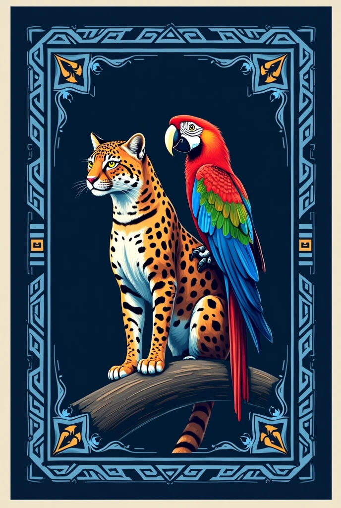 14x9 team flag in dark blue with indigenous details in light blue. In the center, an image with an ocelot and a macaw.