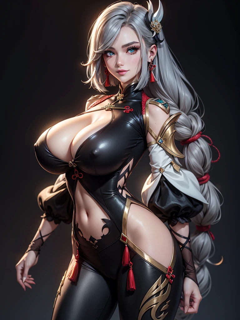 earrings, braided ponytail, puffy sleeves, gold trim, gloves, bodysuit, breast curtain, shoulder cutout, covered navel, hip vent, clothing cutout, tassel, (luxury livingroom background), ShenheV4, anime cels style, best quality, high resolution, 1girl, (huge breasts:1.2), beautiful face, grey hair, long hair, hair ornament, blue eyes, cowboy shot, smiling 32K UHD RGB