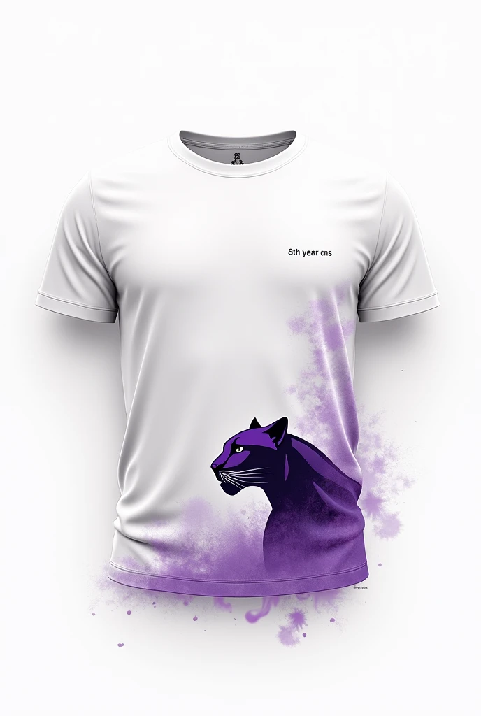 Shirt Design:**

**Shirt Front:**
- Cor: White - Details: Fumaça in purple envolvendo a parte inferior e os lados.
- Image: A stylized panther, positioned on the side, with a design that conveys strength and elegance.
- Text: Above the panther, in small, discreet font, include "8th year CNS" in purple.

