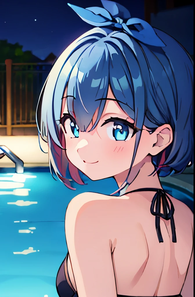 small breasted girl, short, , blue hair, single braid, blue eyes, round eyes, shy, shy, , short, young face, short height, , glasses with no edges, flat chest, night, in the pool， , (Naked: 1.5)，nipples are visible，pussy are visible，