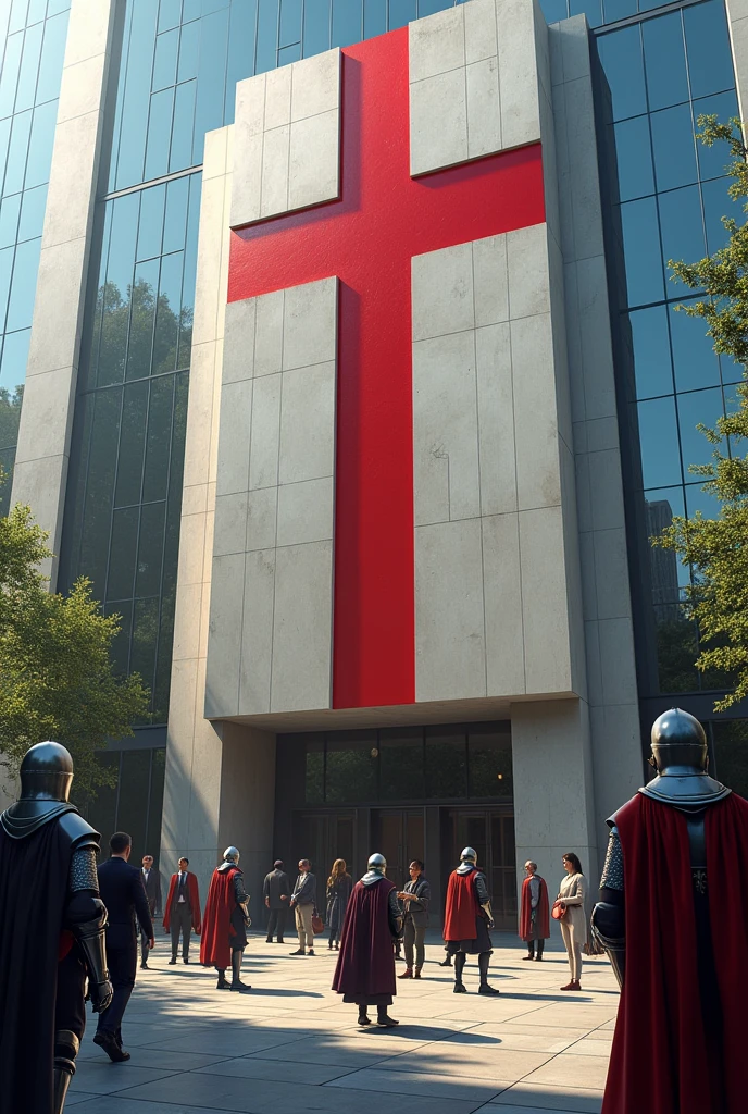 Third person view of a large modern bank building with a large red Templar cross on the facade with modern guards mixed with Templars providing security to civilians nearby 