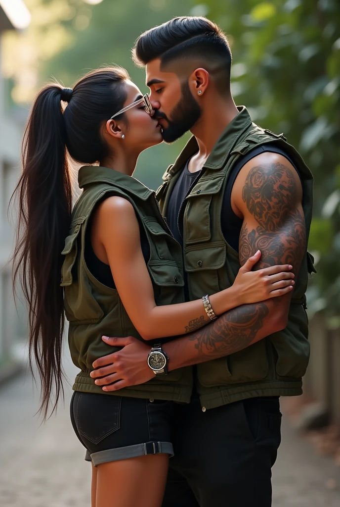 Colombian girl with black hair and hairstyle with a tail wears transparent glasses dressed in a bulky camouflage vest and a black blouse and a black cooor miniskirt is kissing on the cheek a Colombian boy with a haircut to the side and back who wears a black shorts and camouflage-colored vest with a beard with a mustache wears tattoos on his arms and watch the two are standing