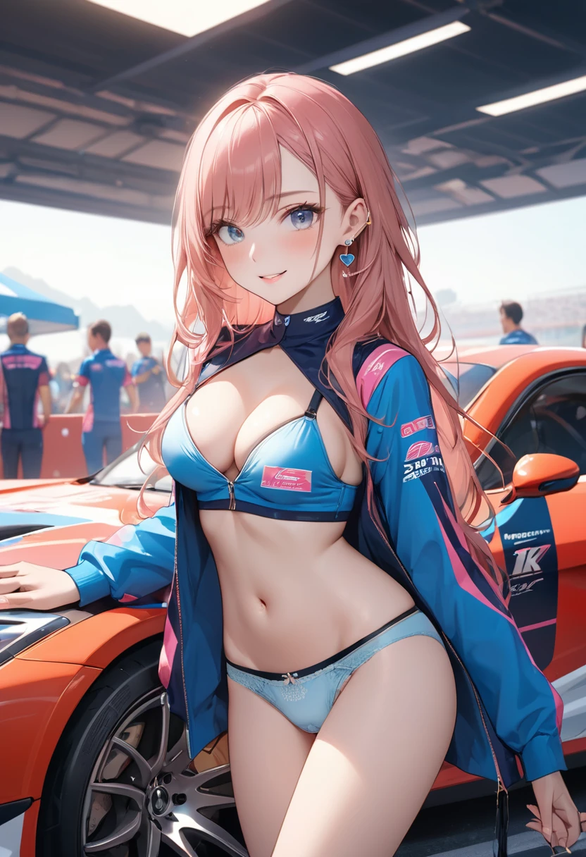 ((Highest quality)), ((masterpiece)), (detailed), Perfect Face, ((Highest quality, 8k, masterpiece: 1.3)), Sharp focus Beautiful woman with perfect body, Slim abdomen, Highly detailed face and skin texture, Detailed Eyes, double eyelid, smile,  Heart Earrings, Race Queen, FI turns around, background (Become a car), Race Queenコスチューム, (You're flipping through your bra to show me your :1.1),(スカートを持ち上げてパンティを見せる：1.2),(She pulls down her panties by she hand:1.8),( reveals a little bit of her pubic hair:1.5).