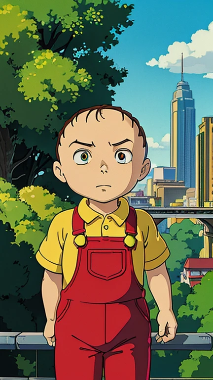 (1boy, stewie griffin), (extremely detailed CG unit 8k wallpaper),(master part), (best quality), (ultra detail), (best illustration),(ghibli style), cowboy shot, (Sharp eyeliner, ombre, detail eyes:1), city park, outdoors , break , (GHIBLI_Background), upper body, solo, baby, yellow shirt, red overalls, 