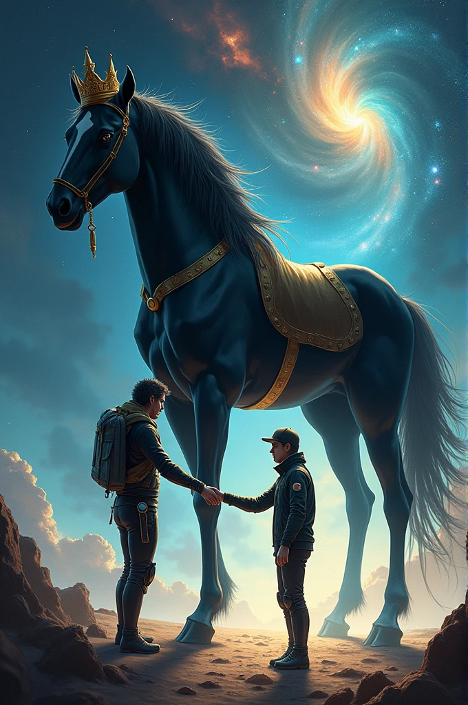 A black horse with a crown on its head and in front of it a man from space shaking hands with his friend from Earth and they look at the camera