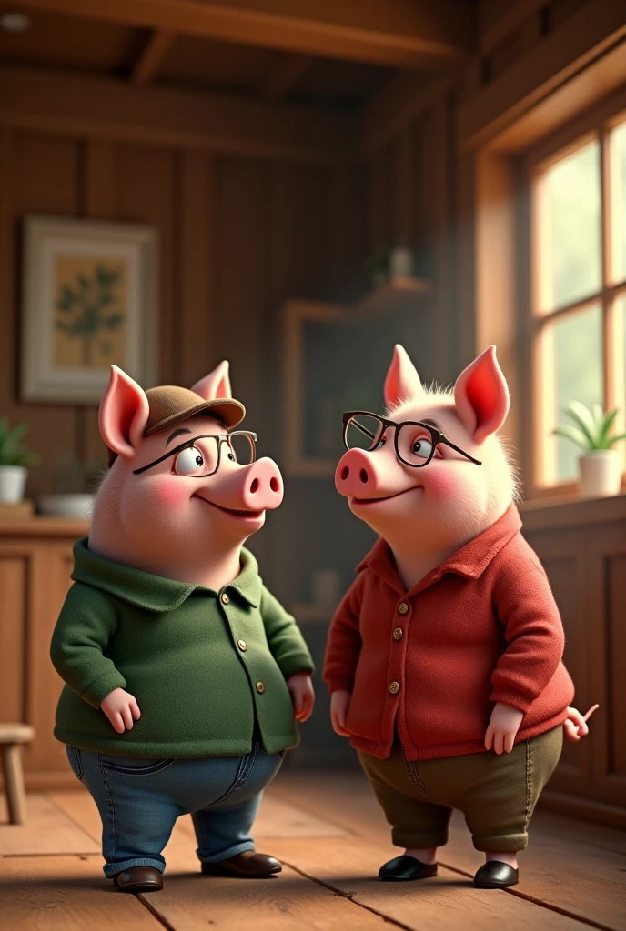 An adult pig with a green shirt and jeans and a brown cap , talking to brother another adult pig red shirt brown pants glasses intellectual inside a wooden house .