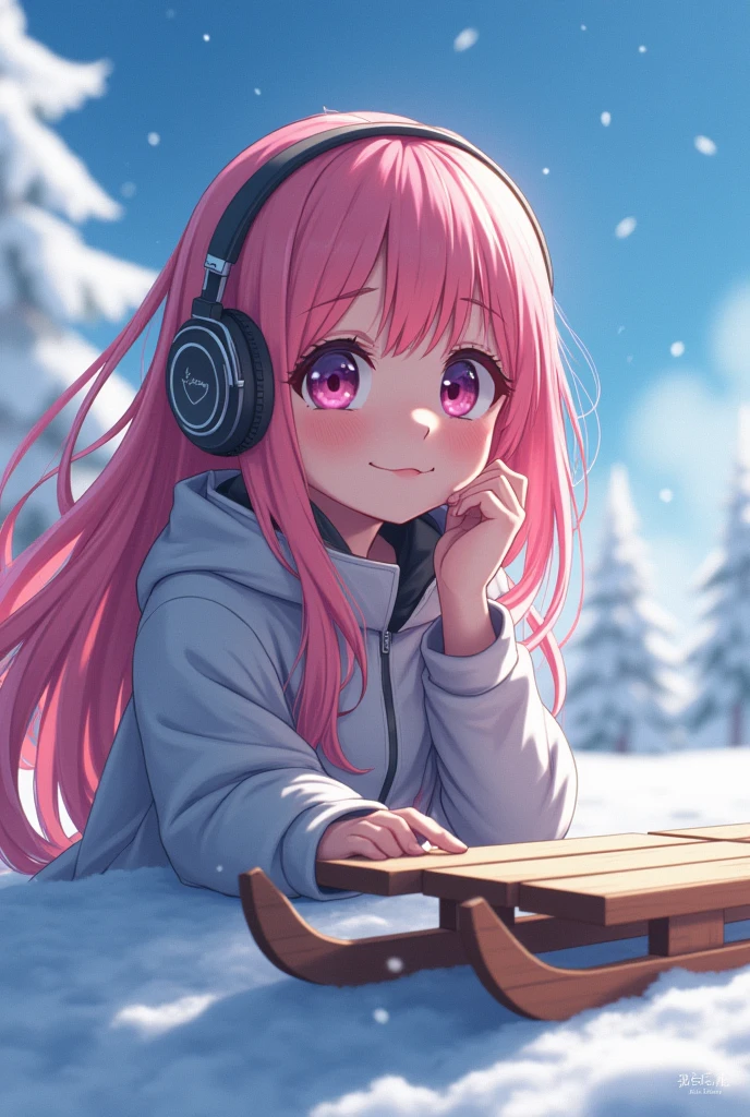 anime girl with pink hair wearing headphones and looking at a sled, anime styling 4 k, non-style artwork by guweiz, 8K anime art wallpaper, 4k anime art wallpaper, 4K anime art wallpaper, lofi portoRait, lofi girl, anime styling. 8k, melhor anime wallpaper 4k konachan, anime wallpaper 4k