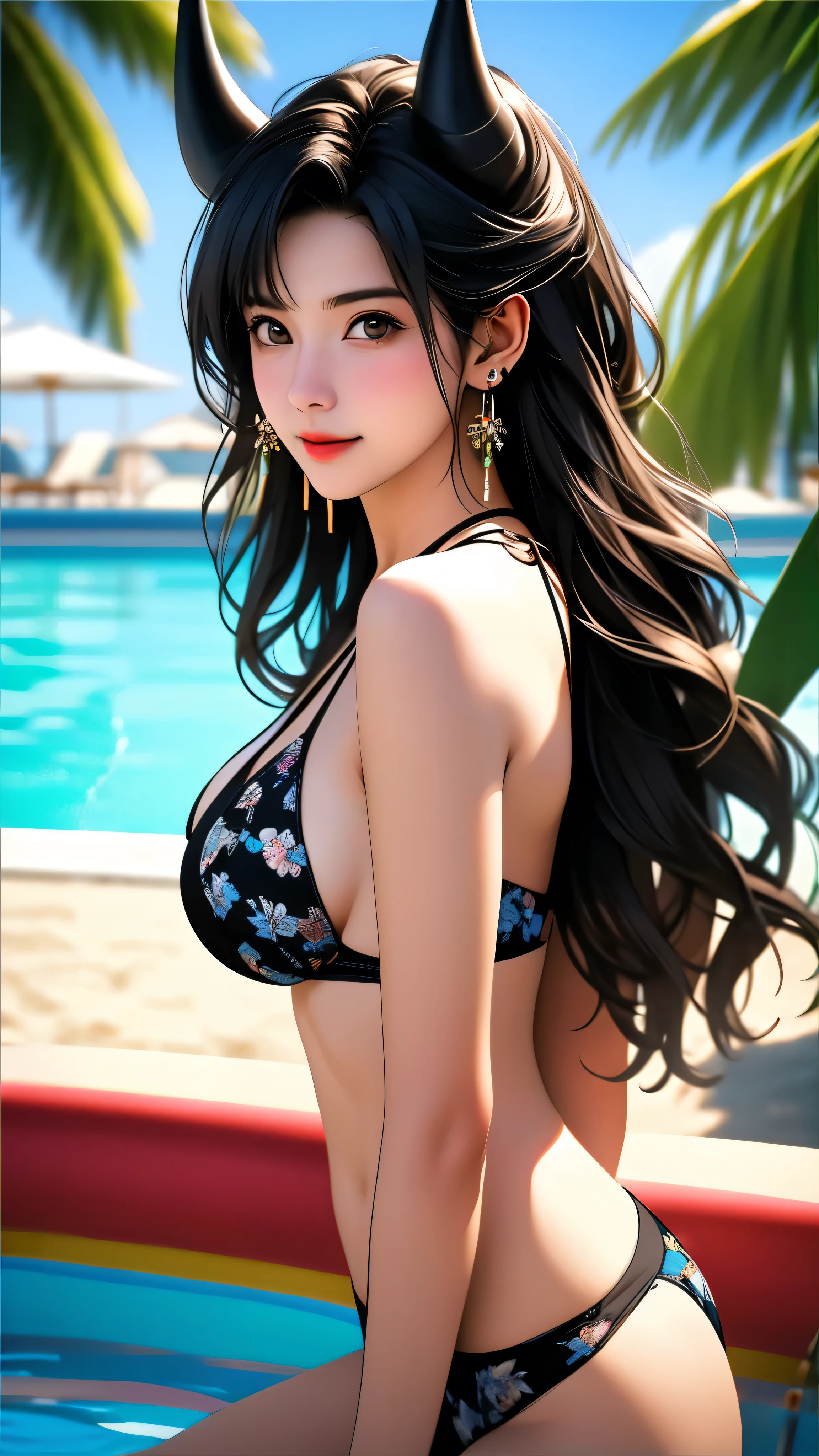 1girl, palm tree, horns, earrings, jewelry, breasts, swimsuit, looking at viewer, pool, long hair, solo, smile, bikini, palm leaf, water, floral print, branch, black hair, bangs, ocean, bare shoulders, beach, upper body, poolside, tree, outdoors, cleavage, black bikini, medium breasts, ear piercing, from side, blurry background, blurry foreground, depth of field, (best quality,4k,8k,highres,masterpiece:1.2),ultra-detailed,(realistic,photorealistic,photo-realistic:1.37)