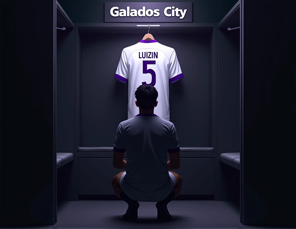 football locker room with a football player's cabin in this cabin there will be a white shirt with purple details (minimalists) on the collar and at the tip of the sleeve the shirt must be showing the back with the name LUIZIN highlighted and the shirt number must be number 5, the cabin at the top must contain the name of the club which is GALADOS CITY, all ambient light must be turned off completely dark, only the light of the sign with the name GALADOS CITY and a low light above the shirt indicating prominence must be on. (The image should be centered and not too far away) and the player with slightly dark skin, short black hair with a gradient and a beard showing that he cares about the current fashion style must be wearing pre-game clothes different from the shirt that is hanging in the locker room, the one he is wearing is gray with purple details on the sleeve and collar of the shirt and on the shorts, the player in the image must be facing away without showing his face and on his knees (indicating pre-game concentration) ( only the silhouette of the player kneeling with his back turned looking at the shirt should appear, as if he was admiring his own shirt)