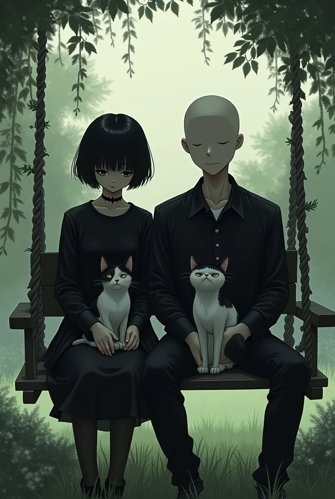 A young girl with a black and white cat on her lap dressed in black, short black hair with a bat tattoo on her neck sitting on a swing in a backyard next to a handsome young bald man with another black and white cat on his lap