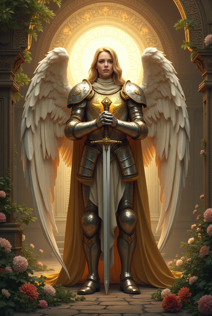 Beautiful, gorgeous and hyperrealistic (Angel Guardian dressed as a medieval warrior, full body. In traditional catholic art style) by Jean- Baptiste Monge, Unreal Engine, Greg Rutkowski, Loish, Rhads, Beeple, Makoto Shinkai, and Lois van Baarle, Ilya Kuvshinov, Rossdraws, Tom Bagshaw, Alphonse Mucha, global illumination, detailed and intricate environment