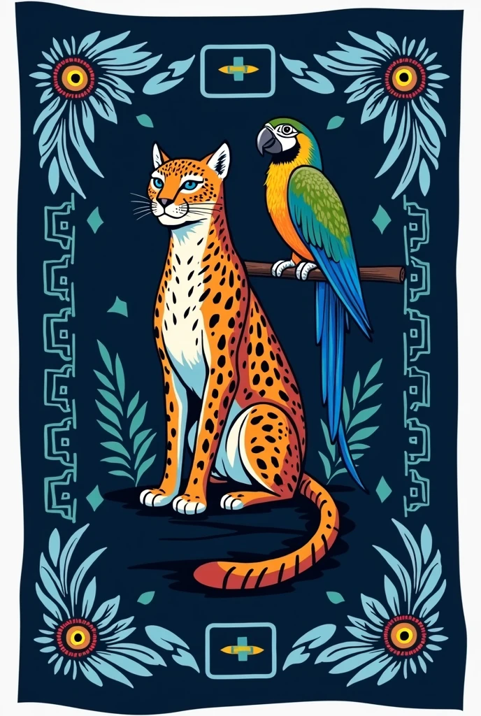 14x9 team flag in dark blue with indigenous details in light blue. In the center, an image with an ocelot and a macaw. 
