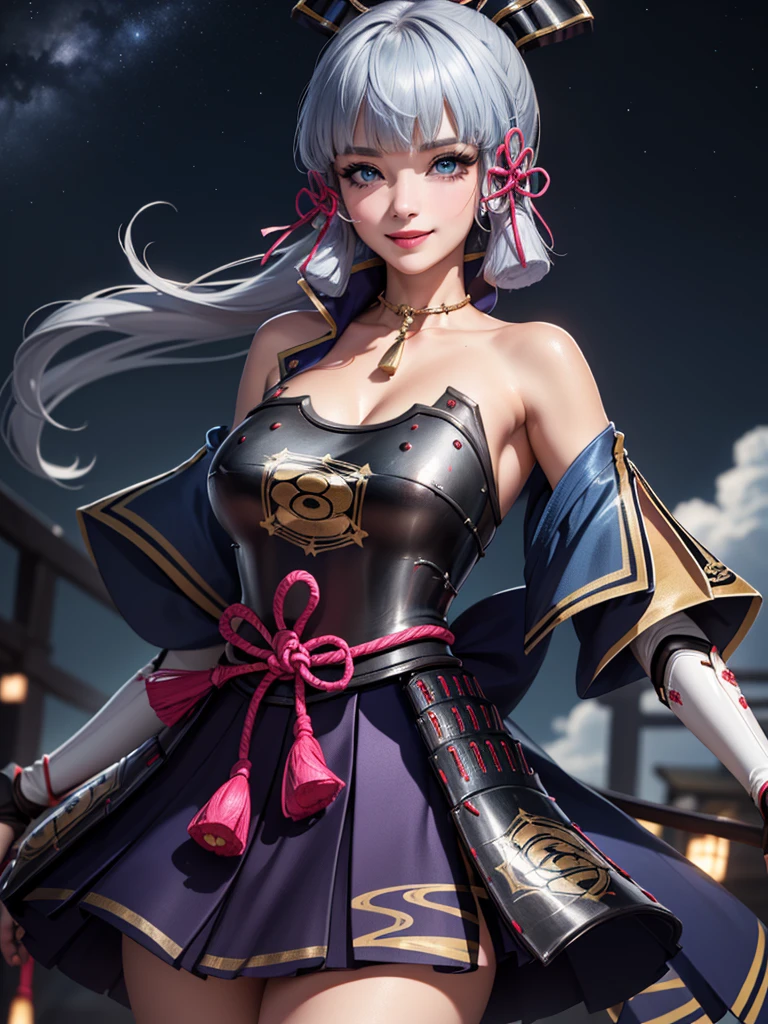 ((masterpiece)),(bestquality),((ultra-detailed)), ((beautiful detailed sky)), ((cinematic lighting)), depth of field, (dynamic angle),detailed lighting,((beautiful detailed eyes)), (night sky view), red lip, smile,eyeshadow,large breast, cleavage, ((bare arm, short skirt , off shoulders, sexy)), ((kamisatoayakadef))