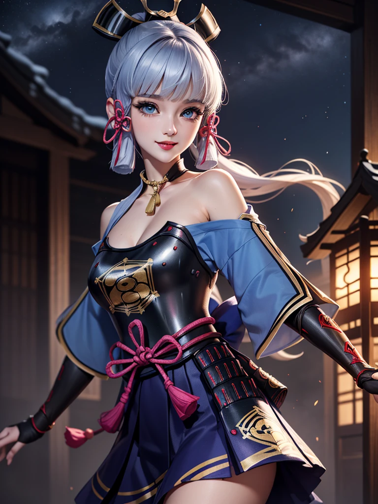 ((masterpiece)),(bestquality),((ultra-detailed)), ((beautiful detailed sky)), ((cinematic lighting)), depth of field, (dynamic angle),detailed lighting,((beautiful detailed eyes)), (night sky view), red lip, smile,eyeshadow,large breast, cleavage, ((bare arm, short skirt , off shoulders, sexy)), ((kamisatoayakadef))