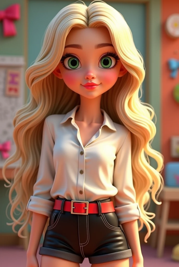 3D Pixar style, Caucasian female, blonde, big green eyes, with lots of eyelashes.
Well-shaped pink mouth In black shorts, white blouse, red belt Long wavy blonde hair with dark blonde curls with light highlights, no fringe in a handmade environment full of childish bows