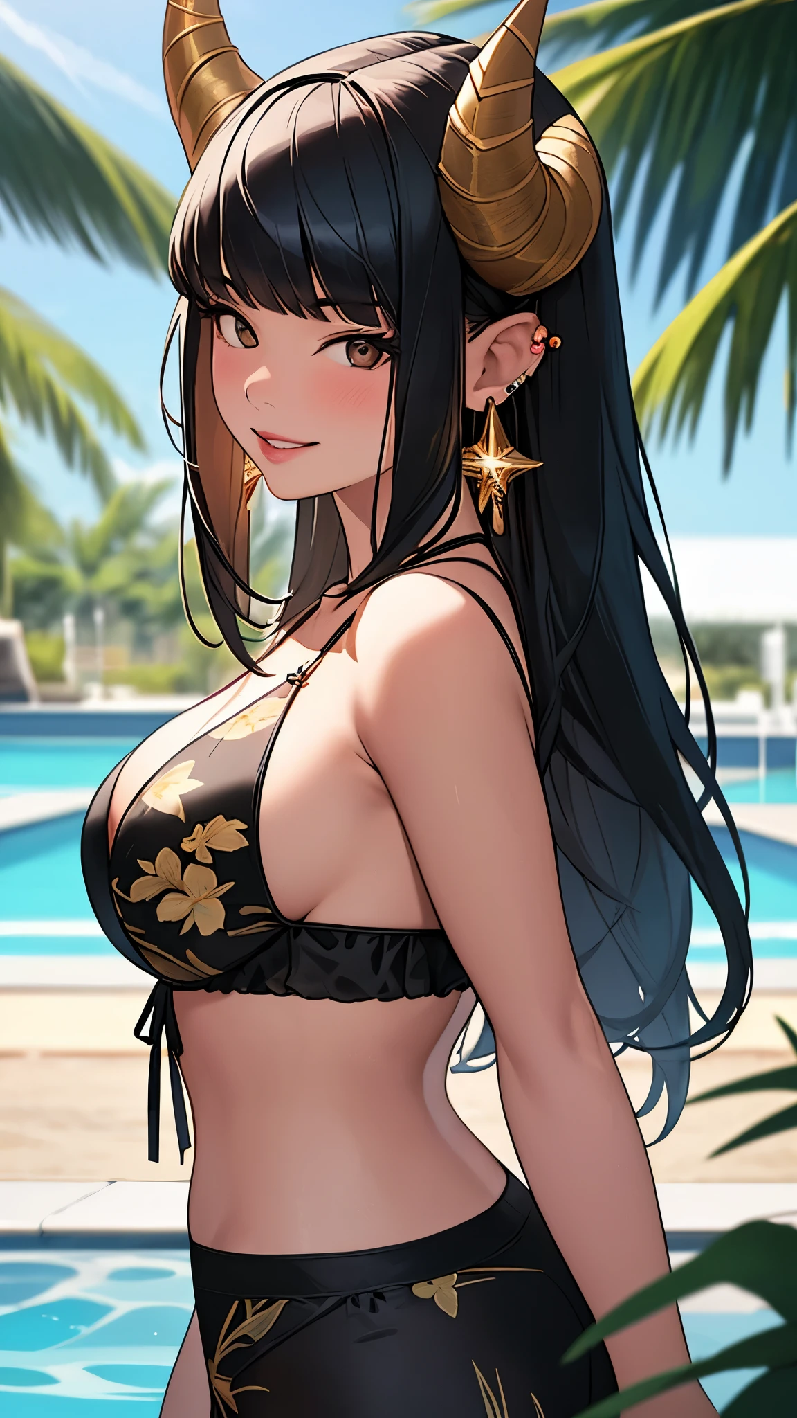 1girl, palm tree, horns, earrings, jewelry, breasts, swimsuit, looking at viewer, pool, long hair, solo, smile, bikini, palm leaf, water, floral print, branch, black hair, bangs, ocean, bare shoulders, beach, upper body, poolside, tree, outdoors, cleavage, black bikini, medium breasts, ear piercing, from side, blurry background, blurry foreground, depth of field, (best quality,4k,8k,highres,masterpiece:1.2),ultra-detailed,(realistic,photorealistic,photo-realistic:1.37)