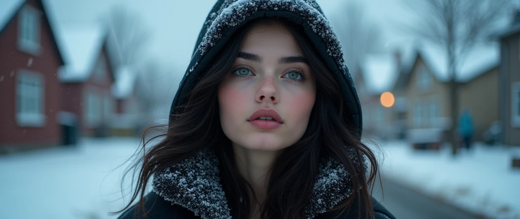 (masterpiece, hyperrealism, sharp images, photorealistic, best quality:1.5), (it only shows the back part of her) (Full body portrait, sky view), (highly detailed face:1.5), (has white skin, highly detailed skin:1.8), (20 years old woman) (she has very black wavy hair) ( size: 1.3), detailed hd beautiful dark green eyes, lips marked with pink lipstick, flirtatious look, big light green eyes, bold black eye shadows, huge eyelashes, (she is wearing stylish black coat for rain and snow, with cap, with sherpa lining) (has his eyes looking up at the sky, watching the snow fall) (she is walking on the sidewalk in a neighborhood of one-story houses) (everything is covered with snow) (background, it is already dark, there are black and blue clouds, it is snowing and it is cold).