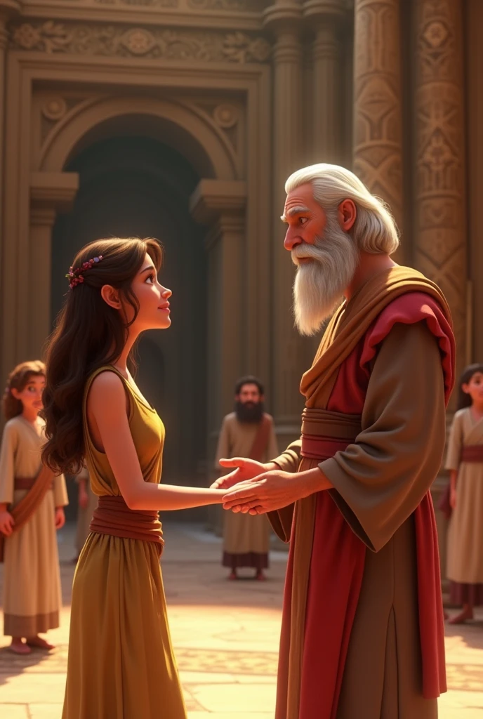 Adult woman with her Israelite son in the temple presenting him to an elderly priest animated pixar 