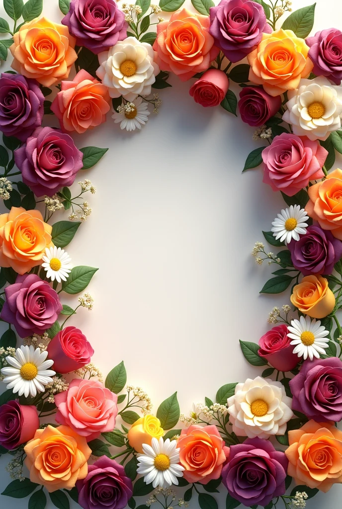 (photorealism:1.2), Many roses of various colors and sizes joined to daisies in a frame with a blank space for a title. The predominant colors are purple, rosewood, yellow, orange and their variants. It should be recharged and a little more messy. Also locate showers, these are very small white roses that give joy.